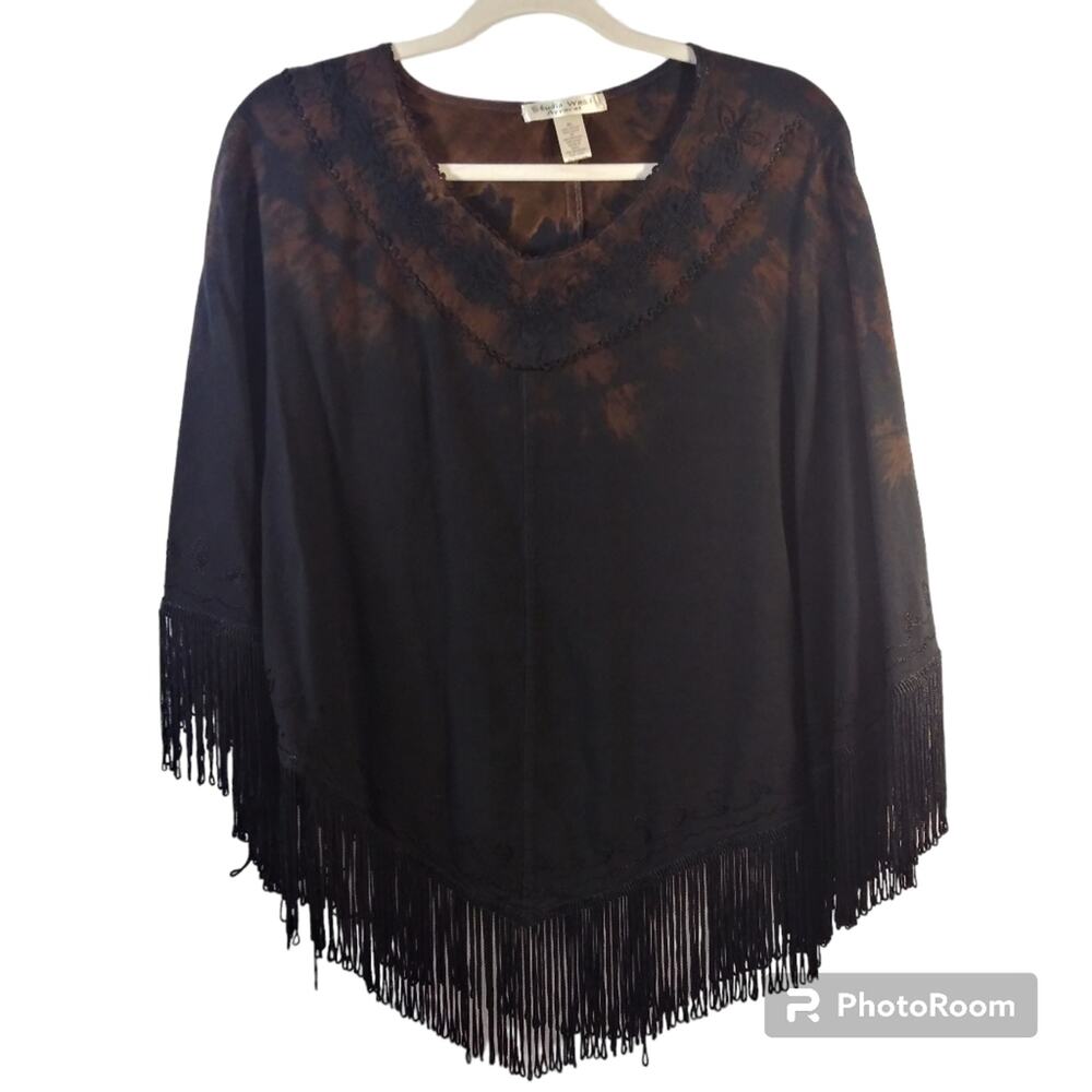Studio West Apparel Black Tie Dye Boho Popover Shawl Fringe Size XL